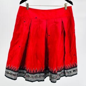 Roberta Freymann 100% Silk Red Boho Embroidered Ethnic Pleated Mini Skirt